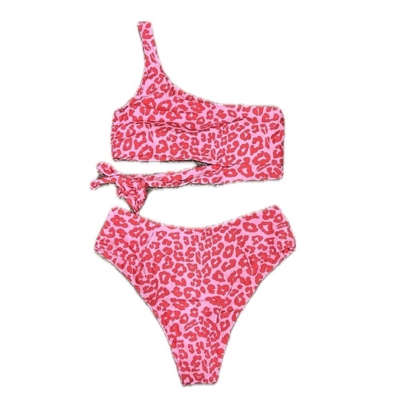 Pink Leopard One Shoulder High Waisted Bikini Tie High Cut Two Piece Swimsuits L - Picture 2 of 12